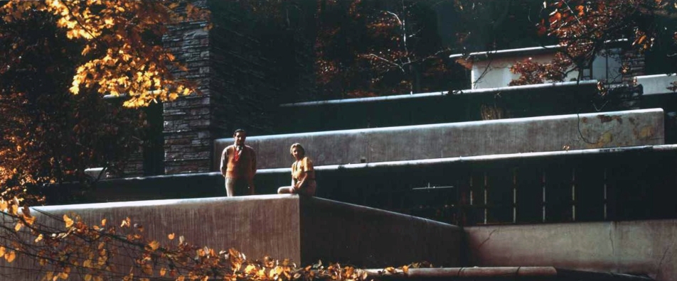 History-Fallingwater Master Terrace-Liliane Kaufmann and Edgar Kaufmann Sr.-Fall-952x396l Kaufmanns on Fallingwater Master Terrace.