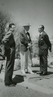 Frank Lloyd Wright Edgar Kaufmann Sr and Edgar Kaufmann jr at Taliesen. Photo by Pedro. E. Guerrero. Frank Lloyd Wright Edgar Kaufmann Sr and Edgar Kaufmann jr at Taliesen.