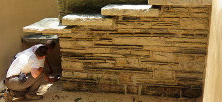 Preservation efforts inside the guest house pool involved an inspection and eventual replacement of steel supports for the stone steps leading into the water. Preservation efforts inside the guest house pool involved an inspection and eventual replacement of steel supports for the stone steps leading into the water.
